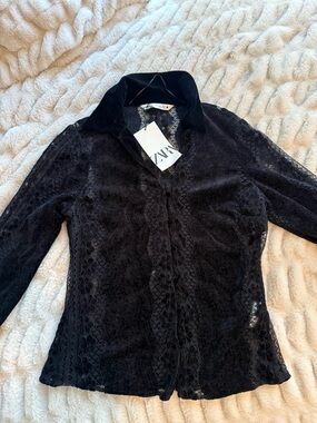 ZARA Black Lace Button-Front Top with Velvet Trim